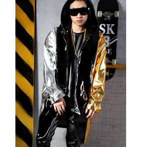 Men Gold silver street jazz dance long coats youth gogo dancers hiphop rapper singers cape bar singer DJDS GOGO stage wear long hoodies music production concert long jackets